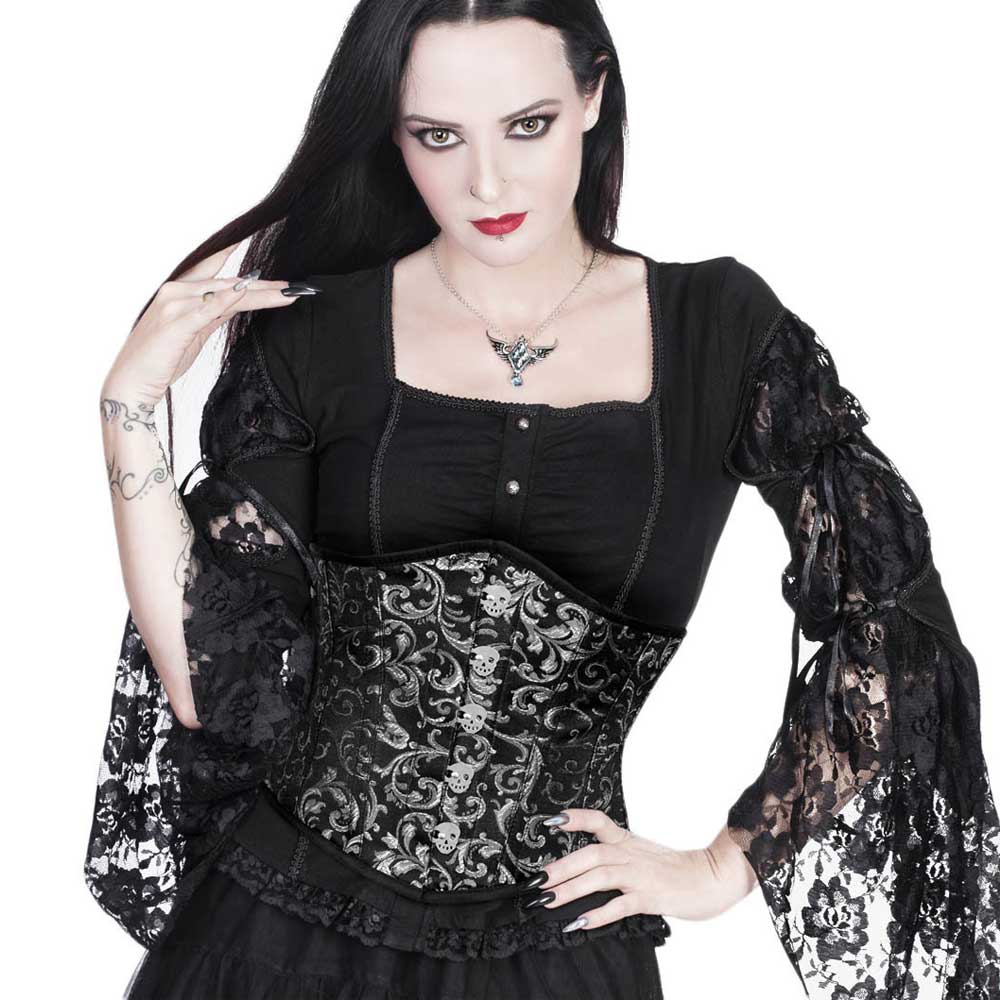 Attitude Corsets - Ufindel Underbust korset - Skull - Zwart/Zilverkleurig